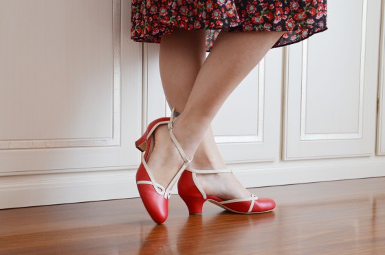 Dance shoes Swing art. 406 made of red and cream leather with 4 cm swing heel and real leather sole